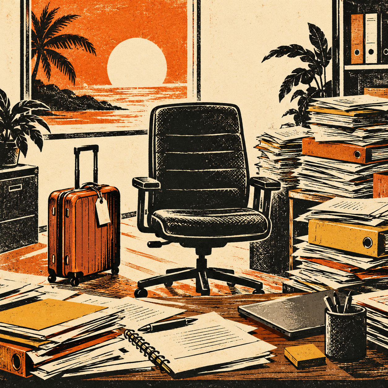 An empty office chair beside a suitcase and piles of unfinished work, illustrated in black ink and warm orange.