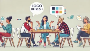 People discussing a logo redesign