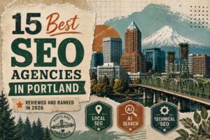 15 Best SEO Agencies in Portland (2026) — Portland skyline, Mt. Hood and bridge collage with Local SEO, AI Search, and Technical SEO badges